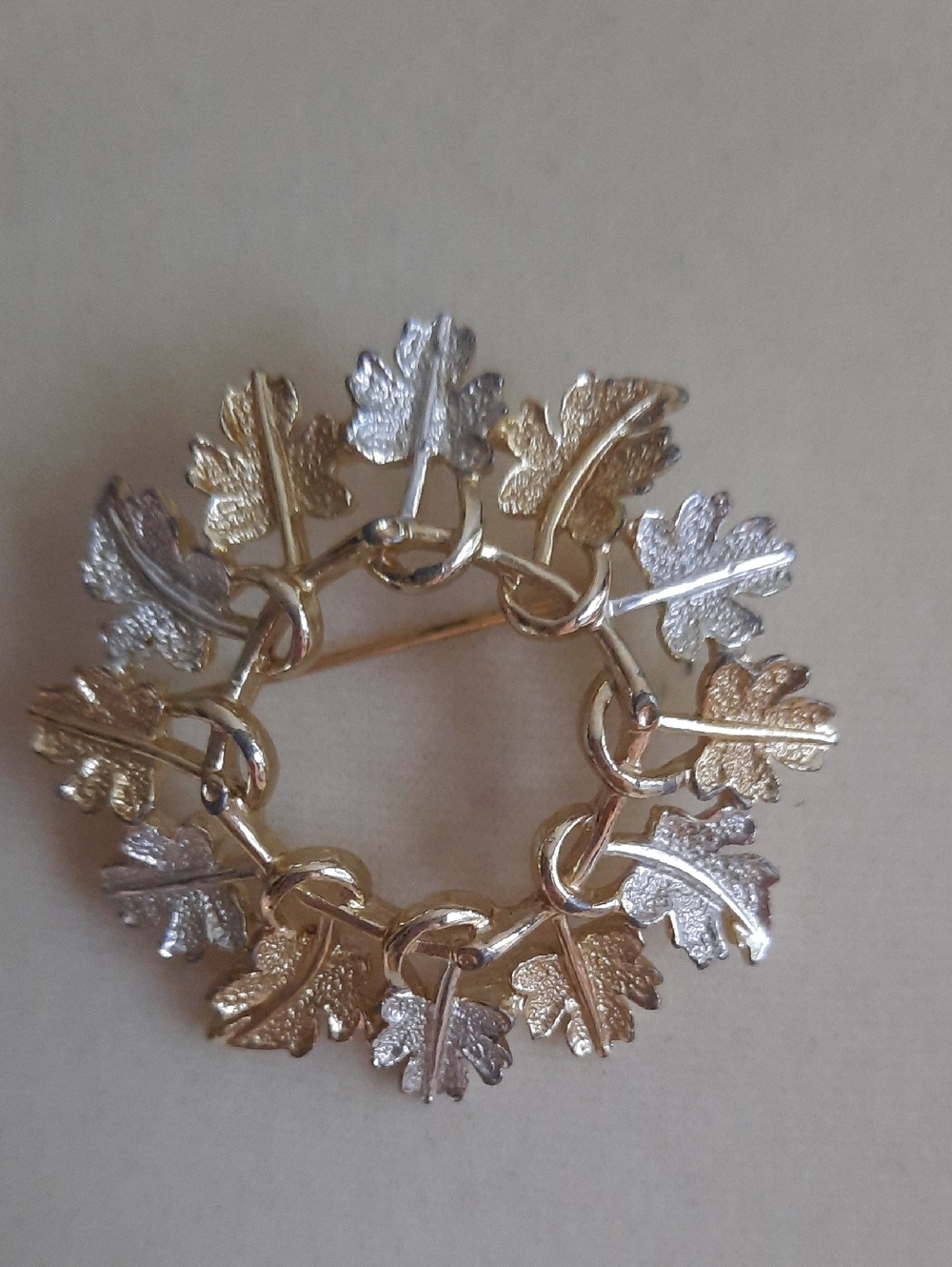 Gold and Silver Leaf Wreath Brooch - Elegant Two-Tone Women’s Jewelry